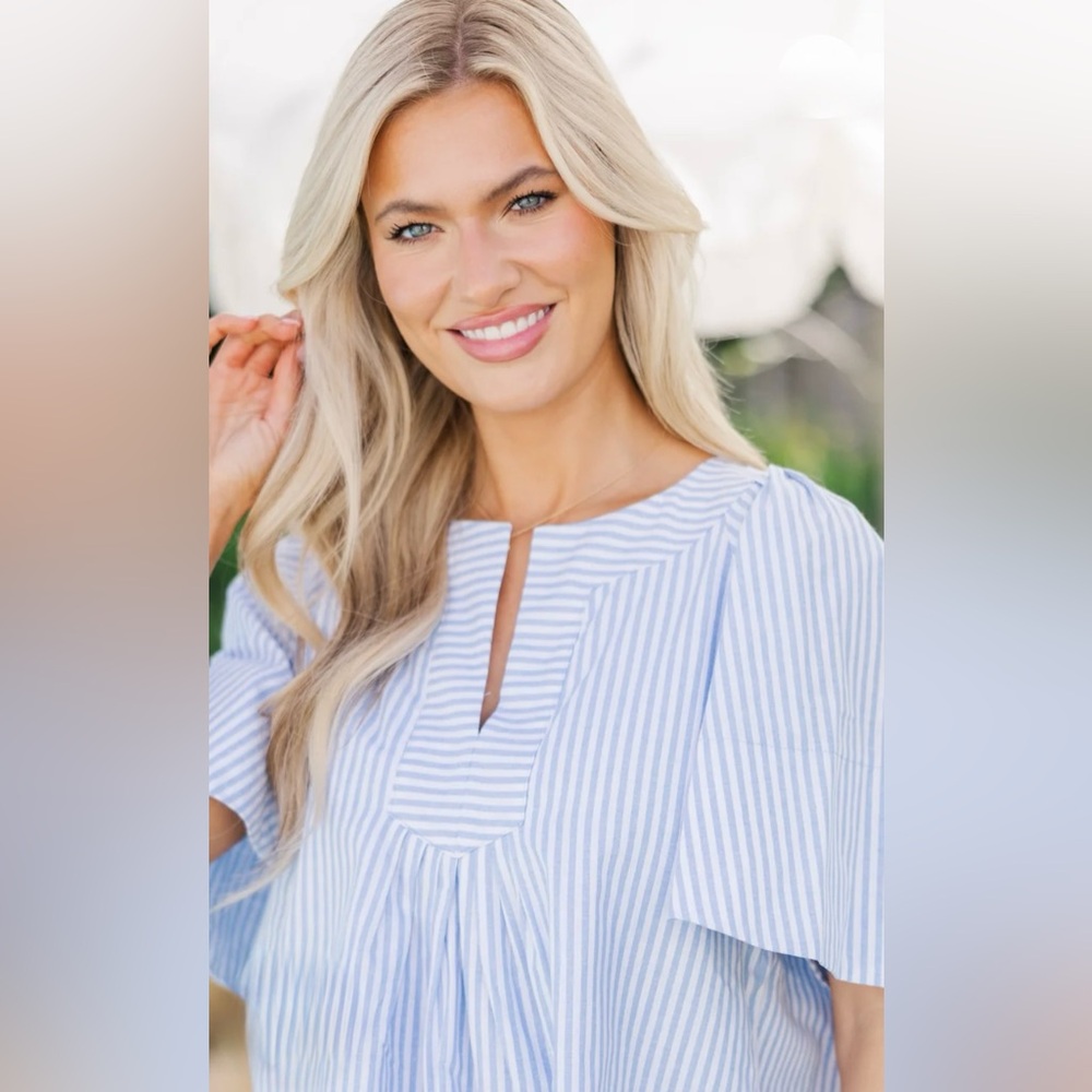 Blue & White Stripe Cotton Flutter Sleeve Blouse | Swing | XL | New | Mint Julep - Picture 4 of 8